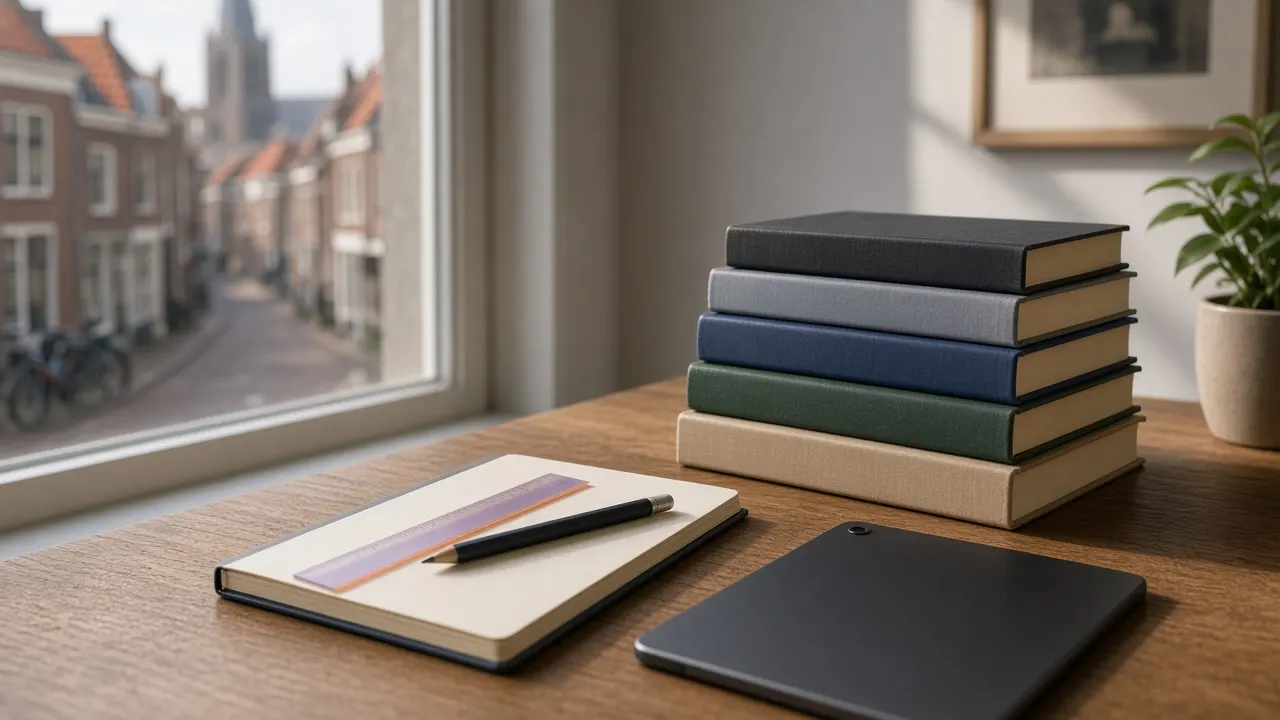 Bureau met boeken, leesliniaal en schrift bij een raam in Utrecht