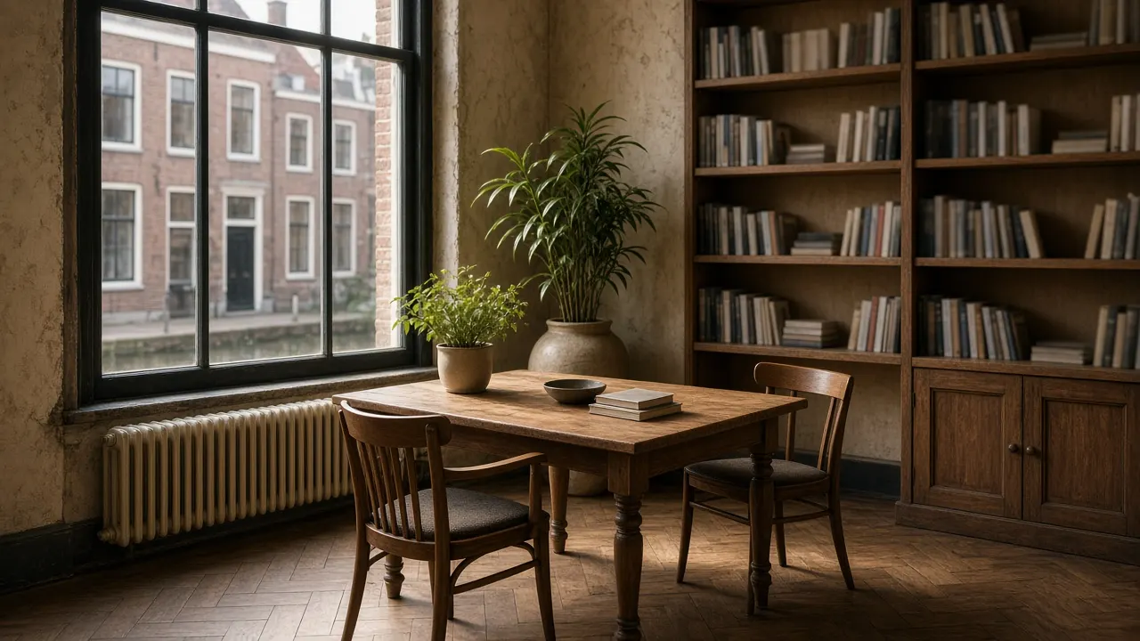 Lichte praktijkruimte met leestafel en planten van LeerNL in Utrecht